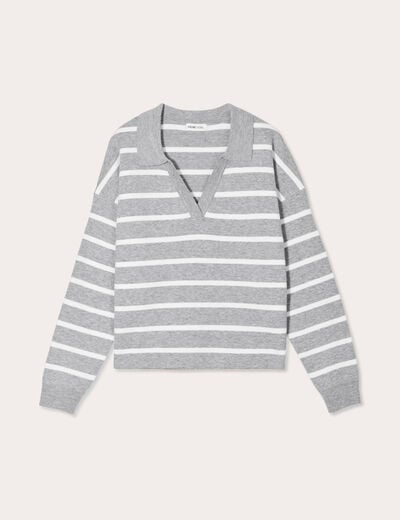 Pull manches longues col polo gris clair femme