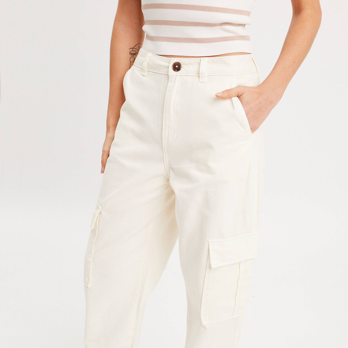 Pantalon large cargo ecru femme