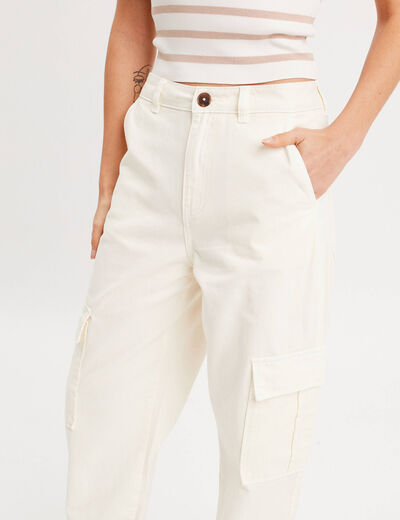 Pantalon large cargo ecru femme