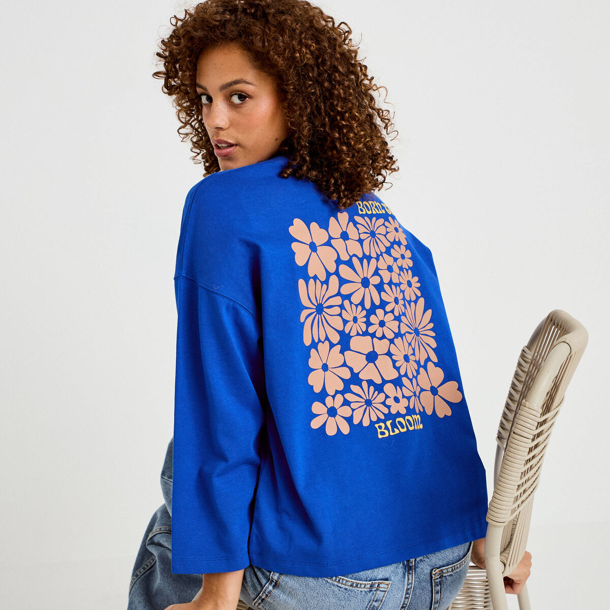 Sweat oversize col rond manches longues bleu electrique femme