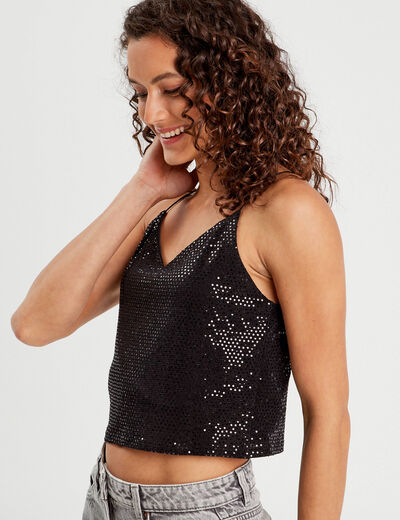 Débardeur cropped paillettes noir femme