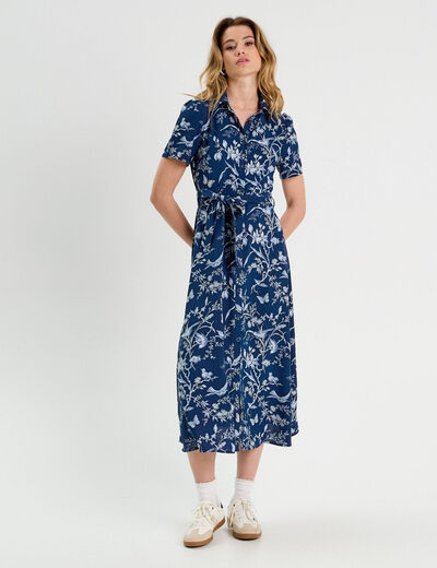 Robe chemise longue ceinturée bleu marine femme