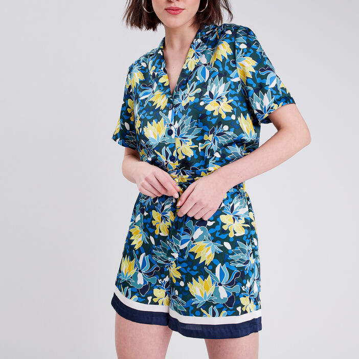 Short large satiné bleu femme