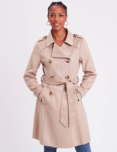 Trench long cintré suédine beige femme