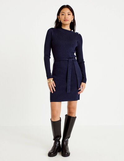 Robe pull ajust&eacute;e manches longues bleu marine femme