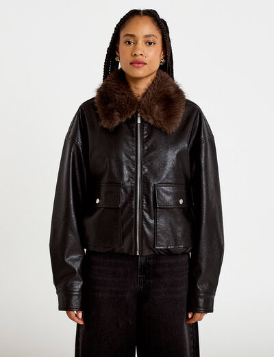 Veste droite similicuir col tailleur noir femme
