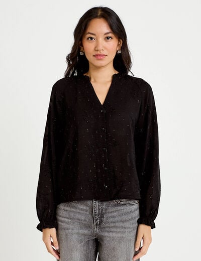 Blouse ample manches longues chin&eacute;e noir femme
