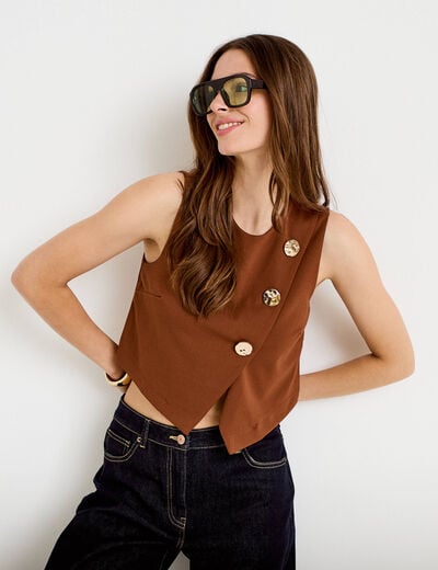 Top ajust&eacute; court sans manches col rond marron femme
