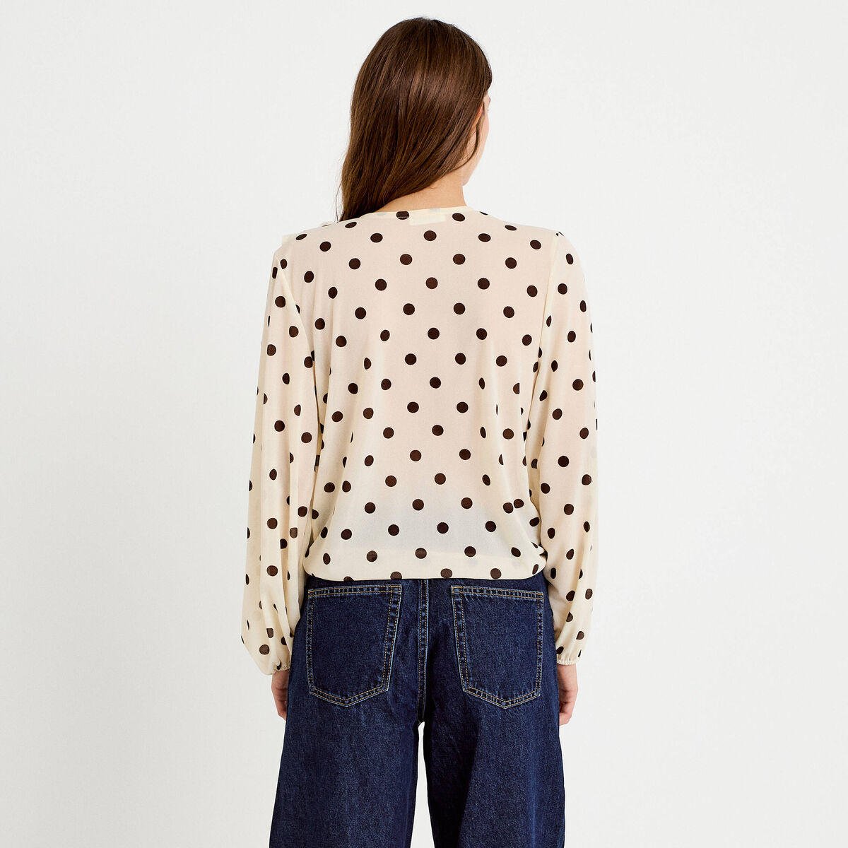 Blouse droite col v manches longues blanc femme