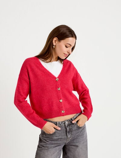 Gilet col v manches longues rouge femme