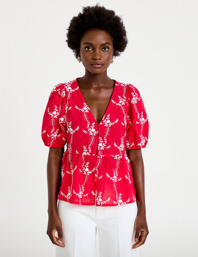 Blouse col v manches courtes brod&eacute;e rouge femme