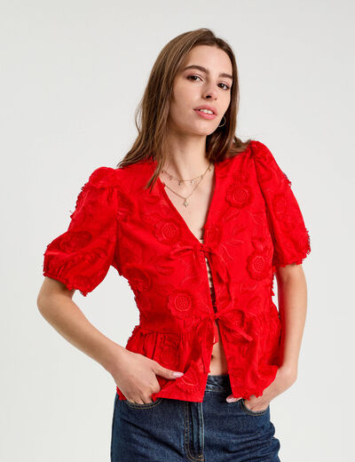 Blouse manches courtes noeuds rouge fluo femme