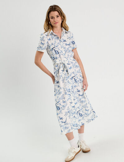Robe chemise longue ceinturée blanc femme