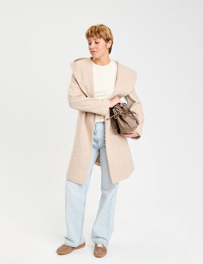 Manteau ceintur&eacute; &agrave; capuche beige femme