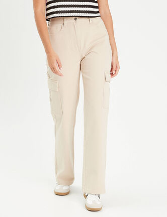 Pantalon large poches cargo ecru femme