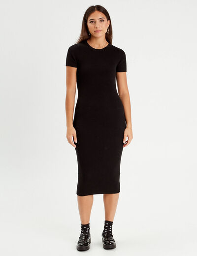 Robe longue moulante côtelée noir femme