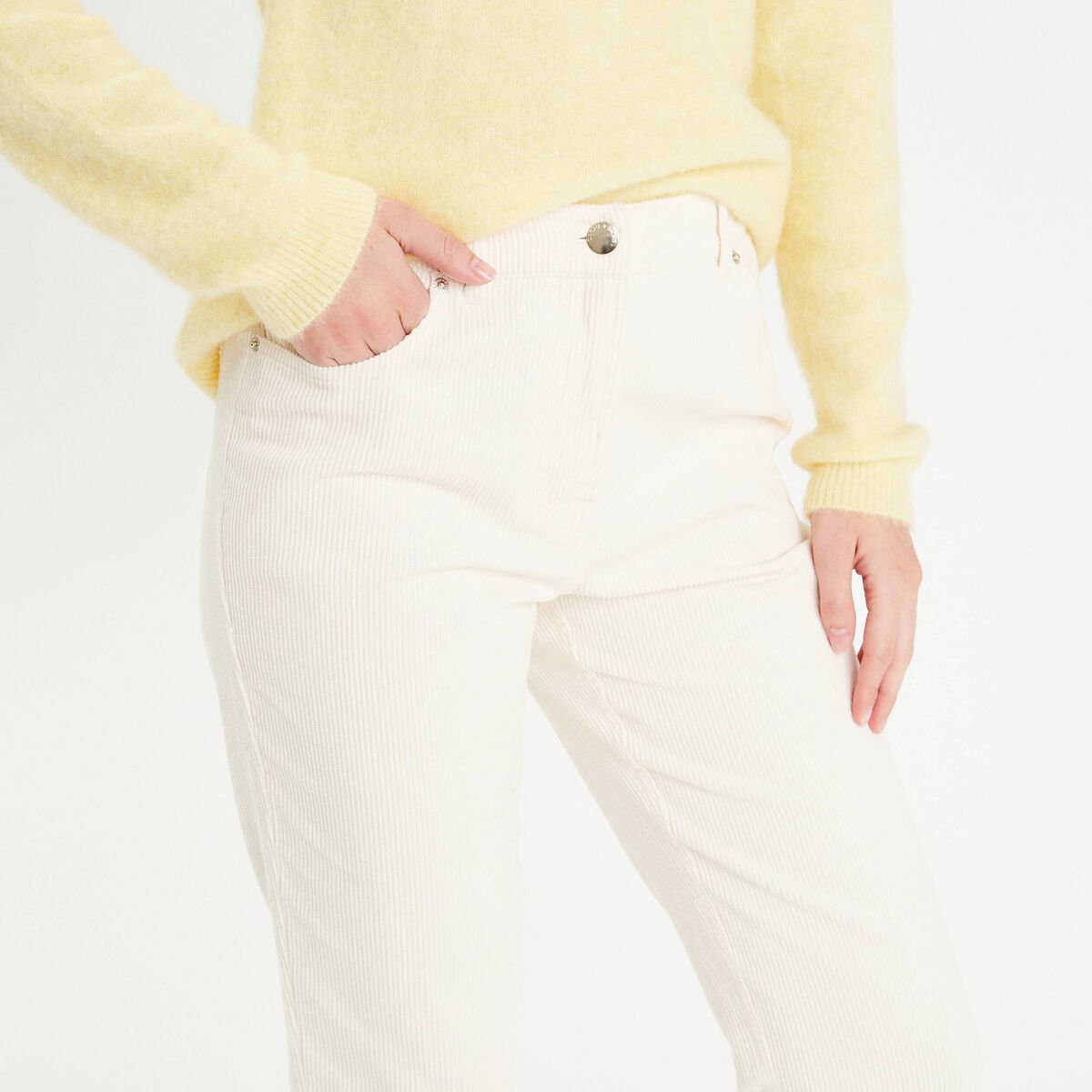 Pantalon straight velours ecru femme