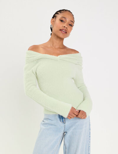 Pull ajust&eacute; col bardot manches longues vert pastel femme