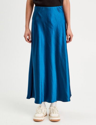 Jupe midi droite effet satin bleu marine femme