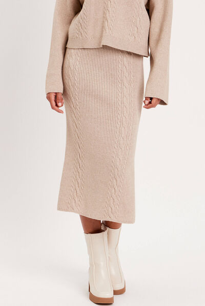 Jupe longue tricot moulante beige femme