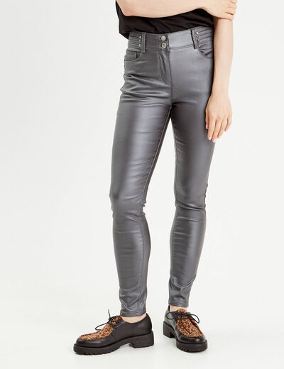Pantalon skinny enduit gris fonc&eacute; femme