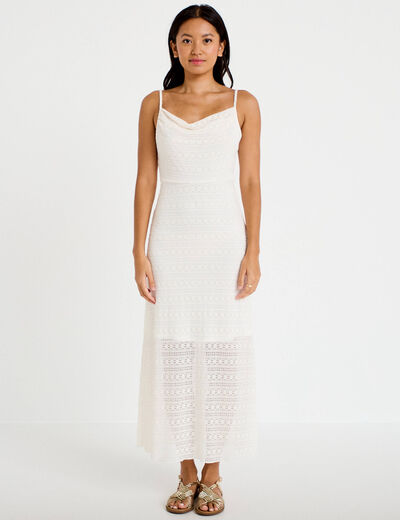 Robe longue droite col b&eacute;nitier dentelle ecru femme