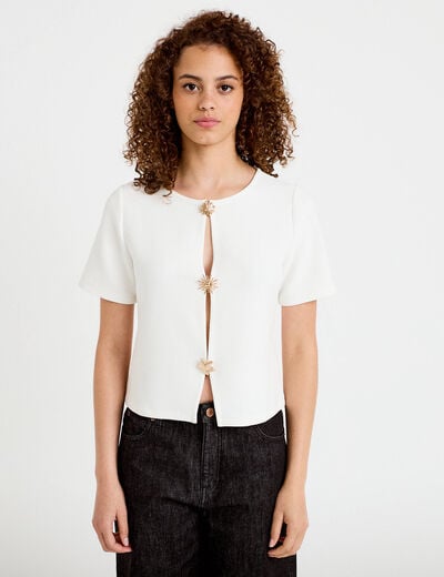 Gilet droit court manches courtes ecru femme
