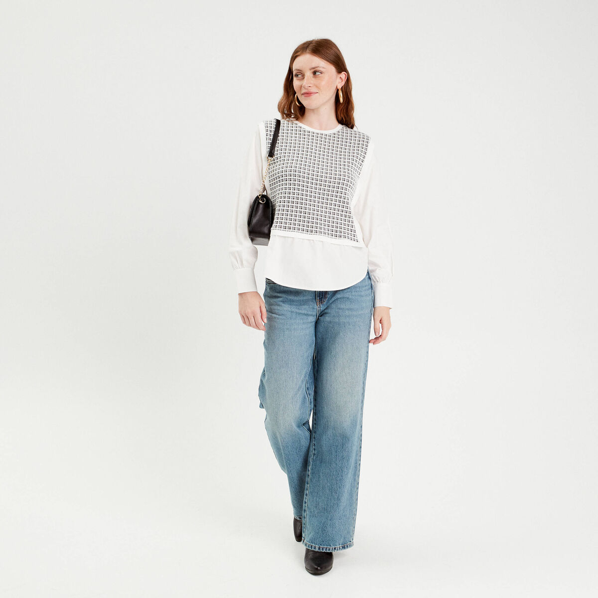 Sweat effet 2-en-1 chemise ecru femme