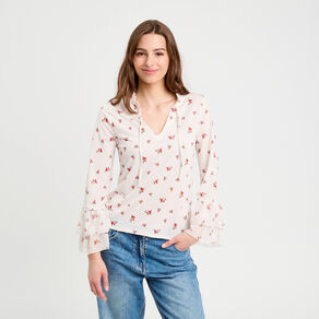 Blouse manches volants ecru femme
