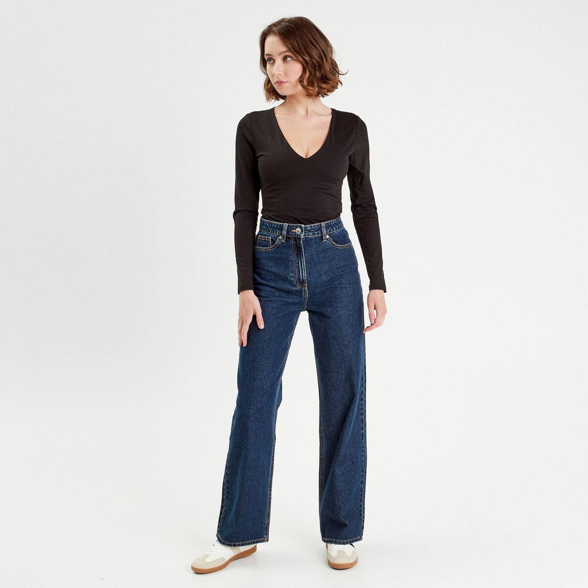 Jeans wide leg taille haute denim brut femme