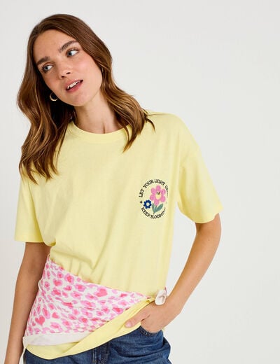T-shirt bouclettes manches courtes jaune pastel femme