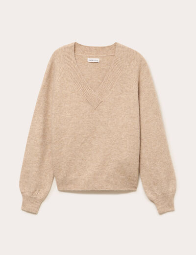 Pull col v manches longues beige femme
