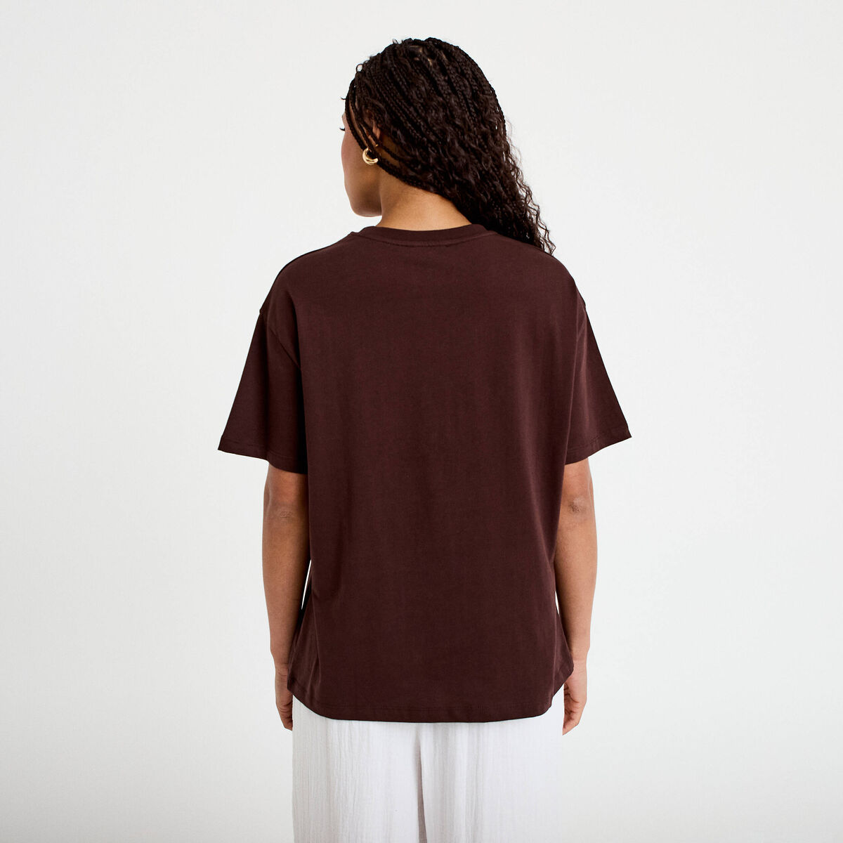 T-shirt col rond manches courtes marron femme
