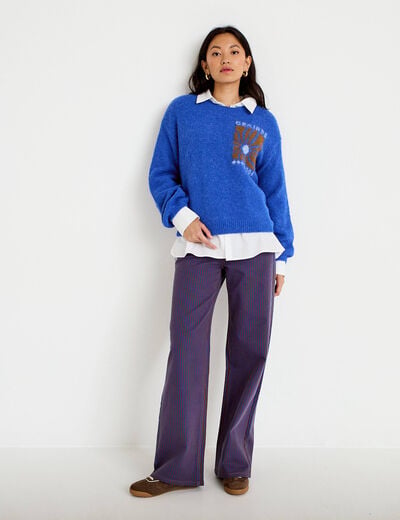 Jean wide leg ray&eacute; taille haute bleu femme