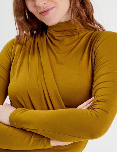 T-shirt drapé col montant jaune foncé femme