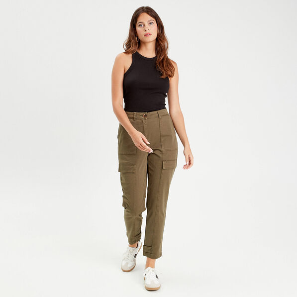 Pantalon cargo bas resserré vert foncé femme