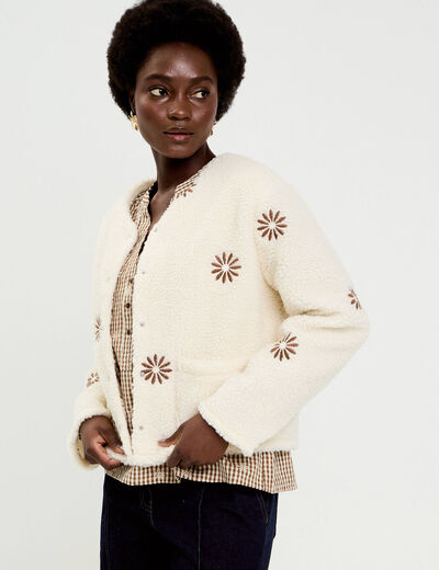 Gilet brod&eacute; effet polaire blanc femme