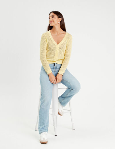 Gilet manches longues ajouré jaune moutarde femme