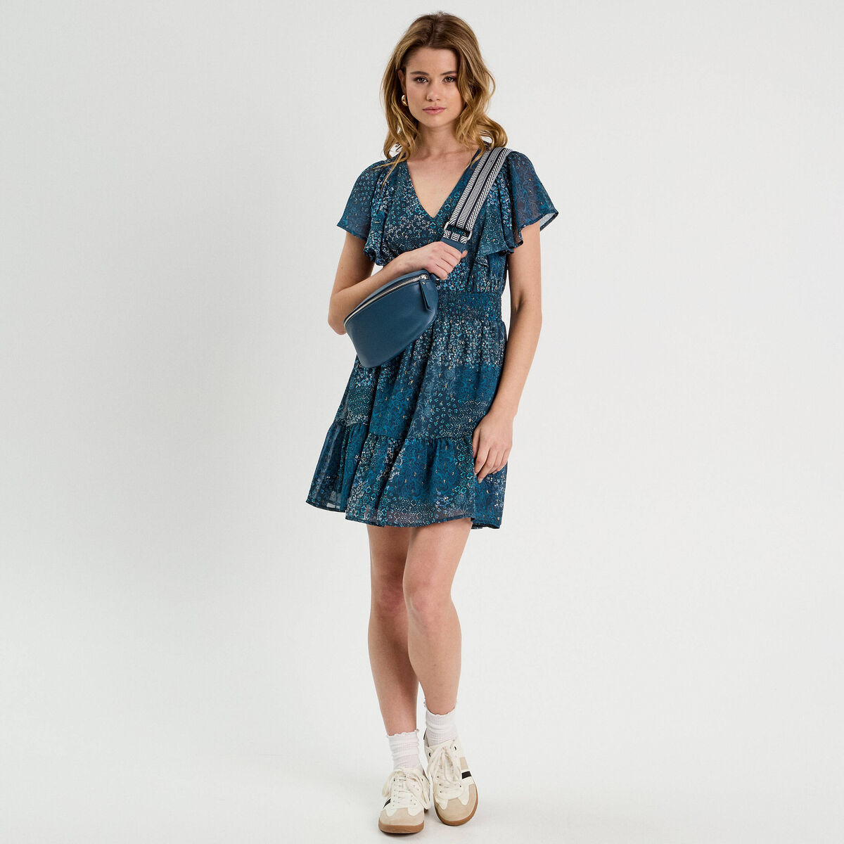 Robe évasée taille smockée bleu foncé femme