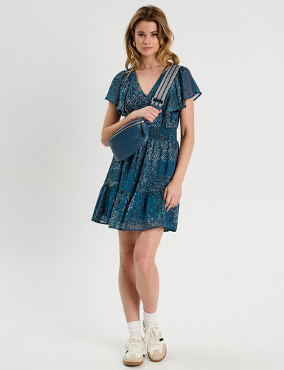 Robe évasée taille smockée bleu foncé femme