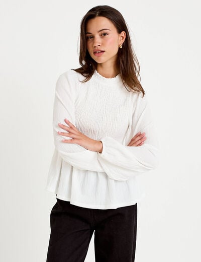 Blouse droite manches longues pliss&eacute;e ecru femme