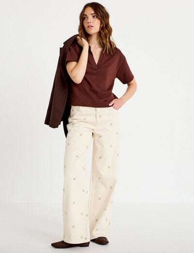 Jean wide leg taille haute brod&eacute; denim blanc femme