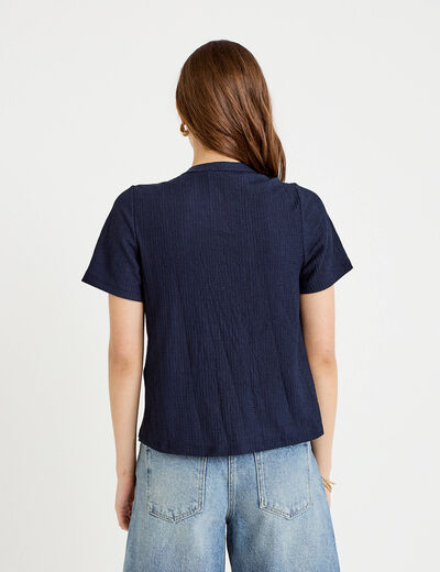 Blouse pliss&eacute;e col v manches courtes bleu fonc&eacute; femme