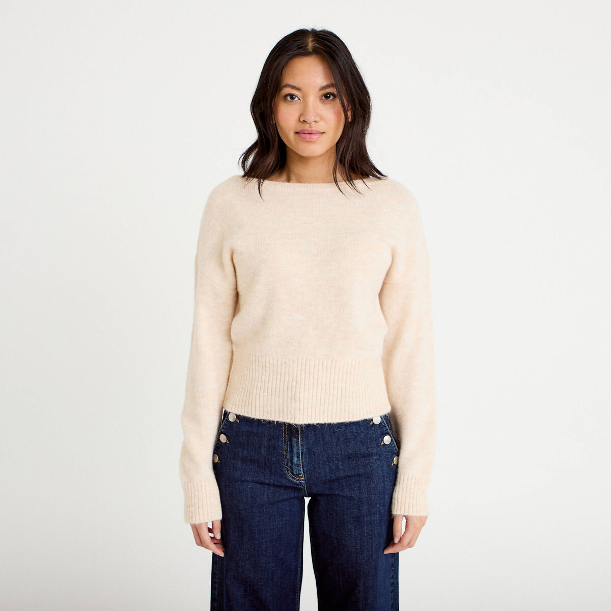 Pull col bateau beige femme