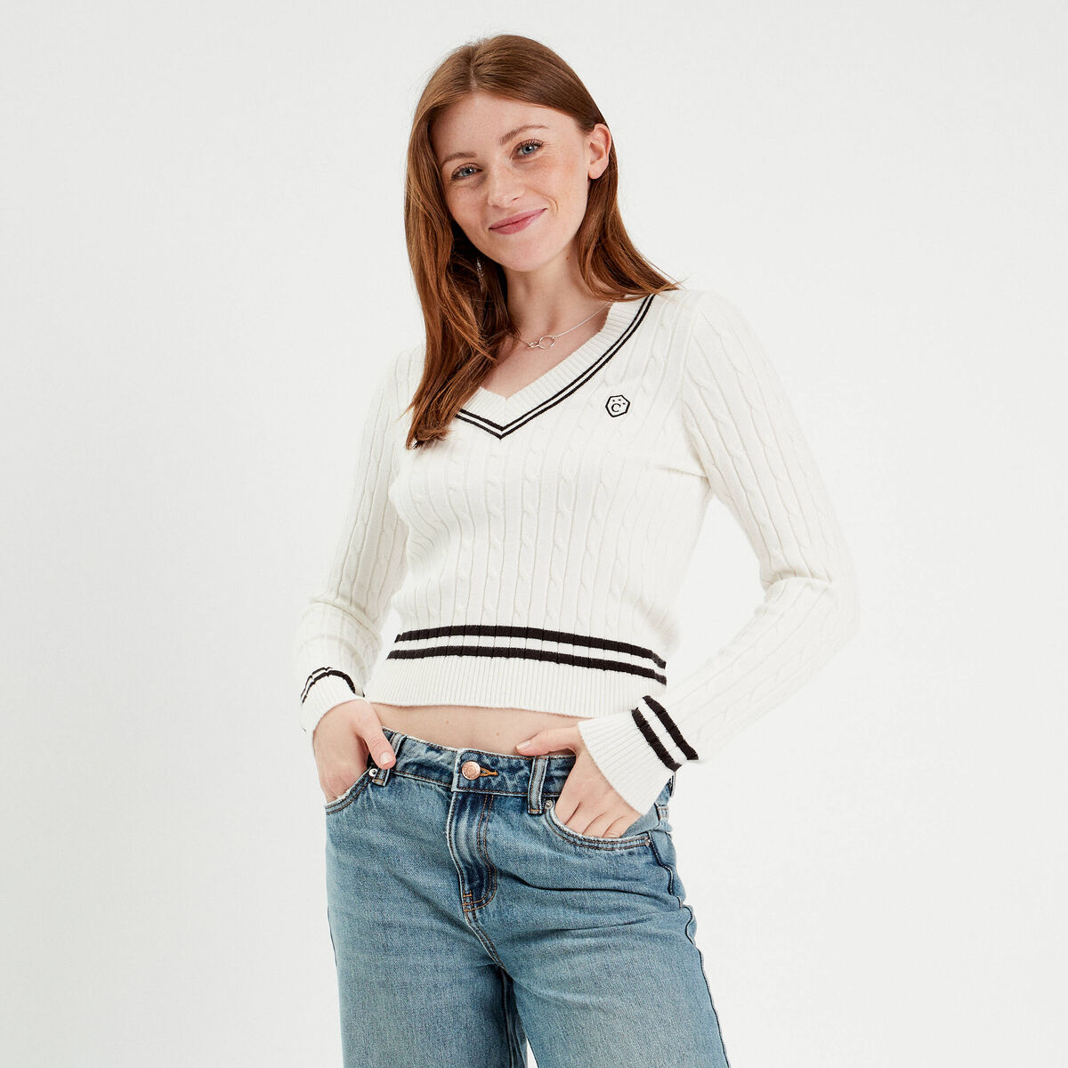 Pull manches longues torsades ecru femme