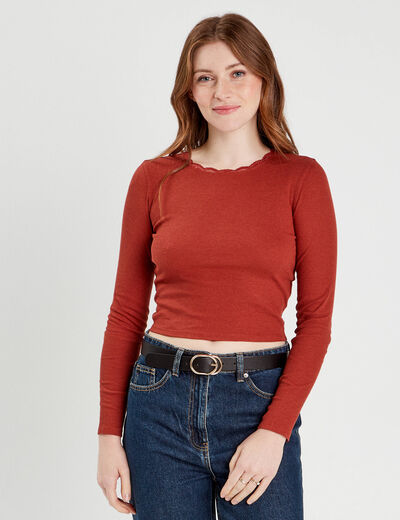 T-shirt cropped côtelé marron femme