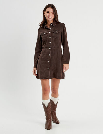 Robe chemise droite en jean marron foncé femme
