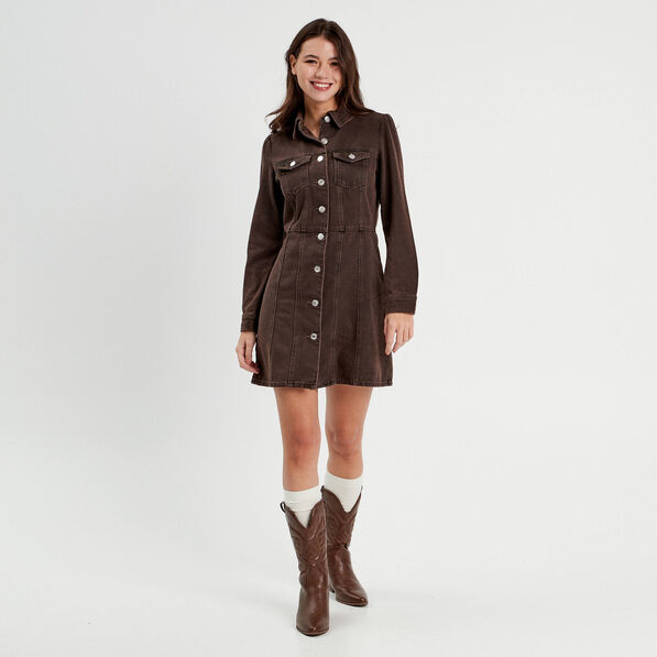 robe chemise droite en jean marron fonce femme Robe chemise droite en jean marron foncé femme