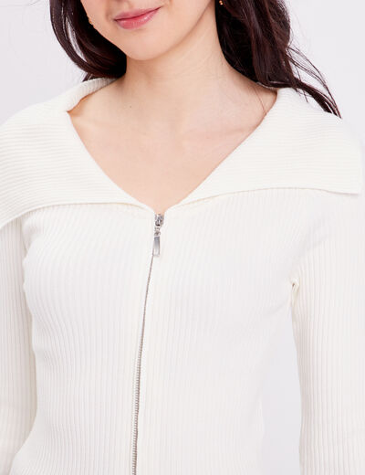 Gilet cropped zippé col bardot ecru femme