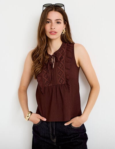 Blouse sans manches col v marron femme